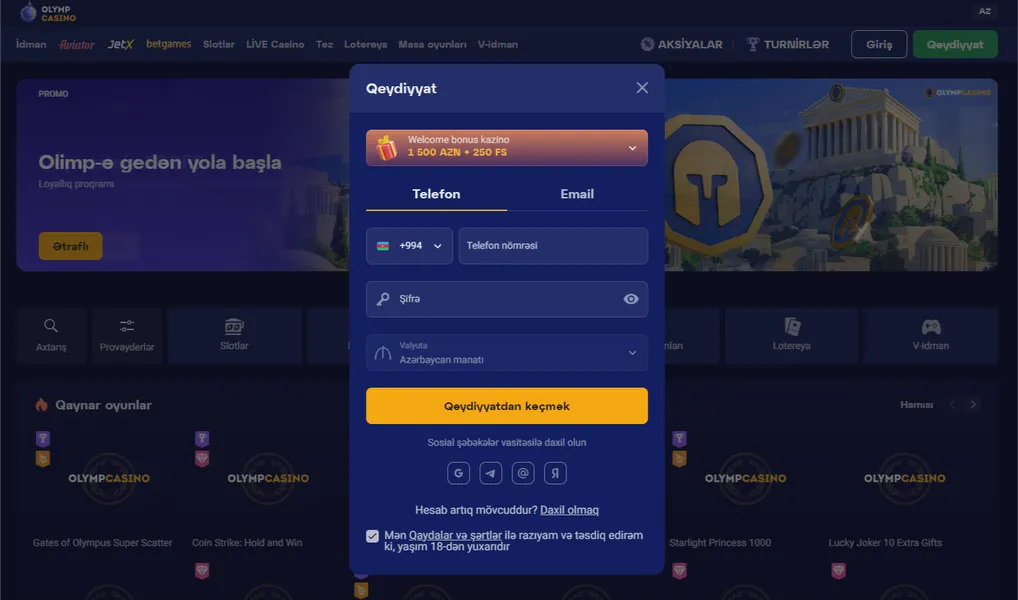 Olymp Casino online platformasında qeydiyyat prosesi haqqında